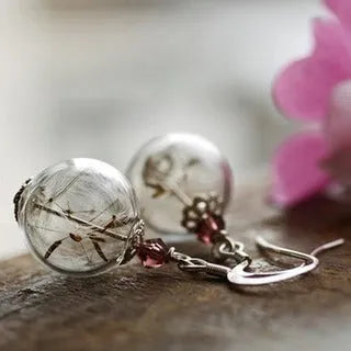 16mm transparent glass earrings with dandelion seed pattern on silver French hook