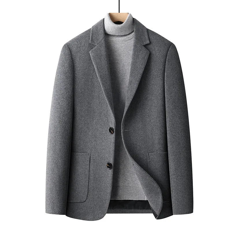 Men's slim fit wool blend jacket in grey, shown with polyester lining and suit-style cut for autumn wear