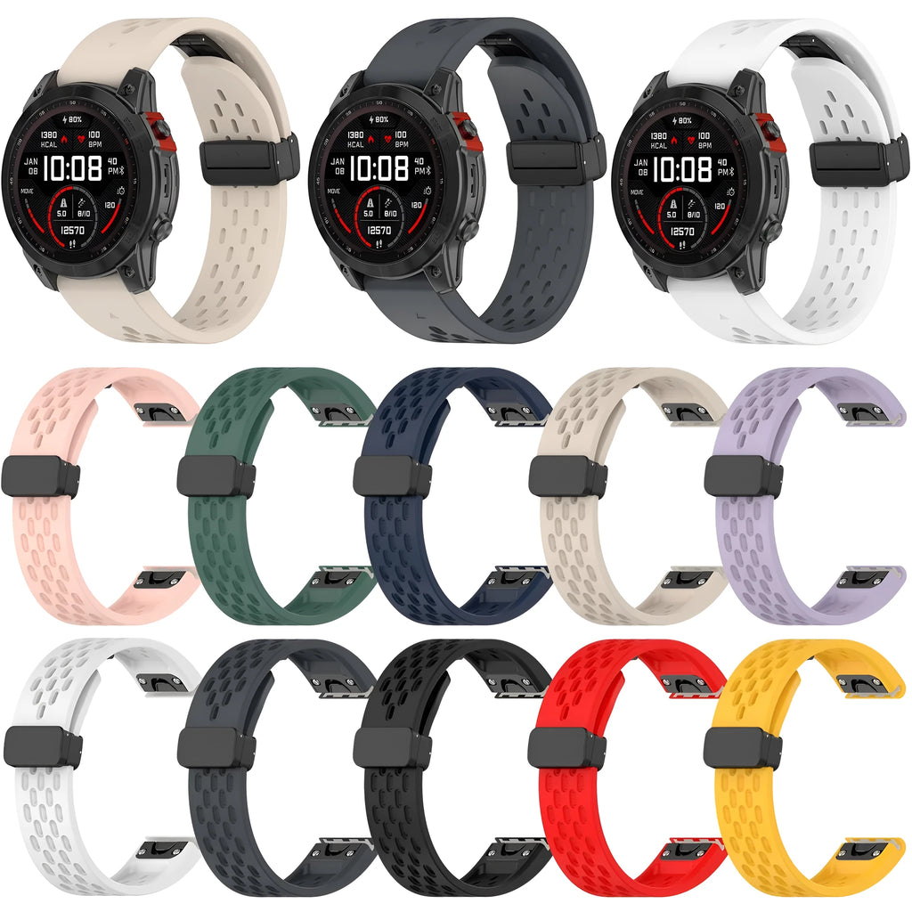 Garmin Fenix quick release porous watch strap in multiple colours showing 20mm, 22mm, and 26mm size options.