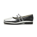 Women's silver leather ballet flats with cross buckle strap and flat sole