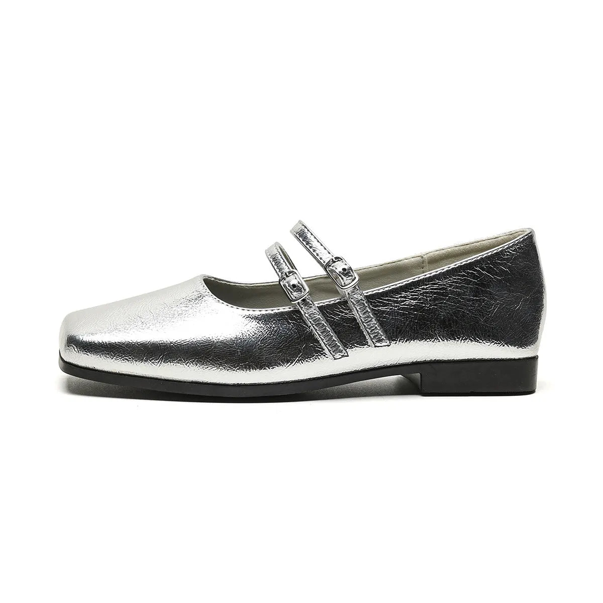 Women's silver leather ballet flats with cross buckle strap and flat sole