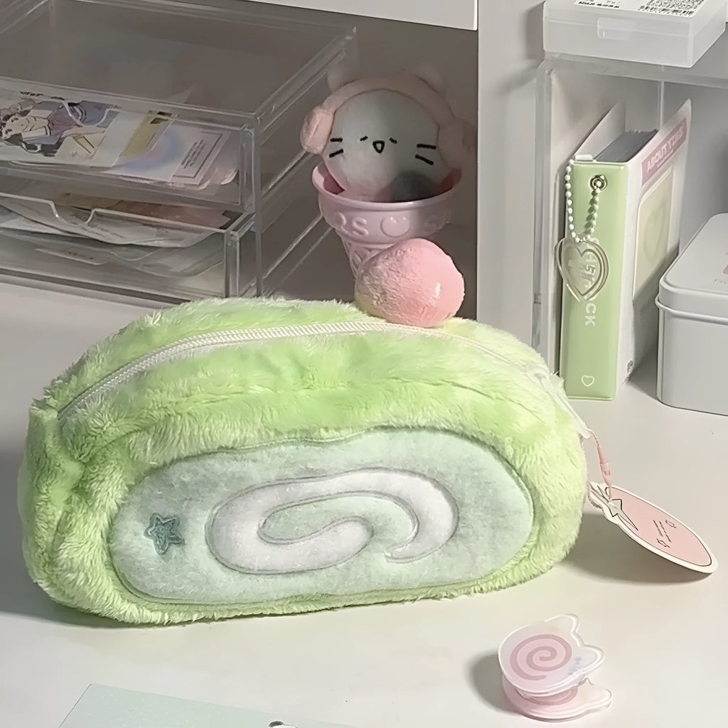 Swiss roll cake plush pencil box in velvet material with Korean style design for stationery storage