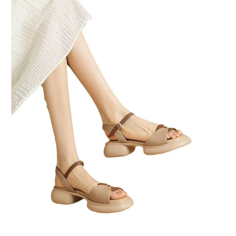 Women's khaki platform sandals with chunky heels and open toe design showing renewable leather uppers