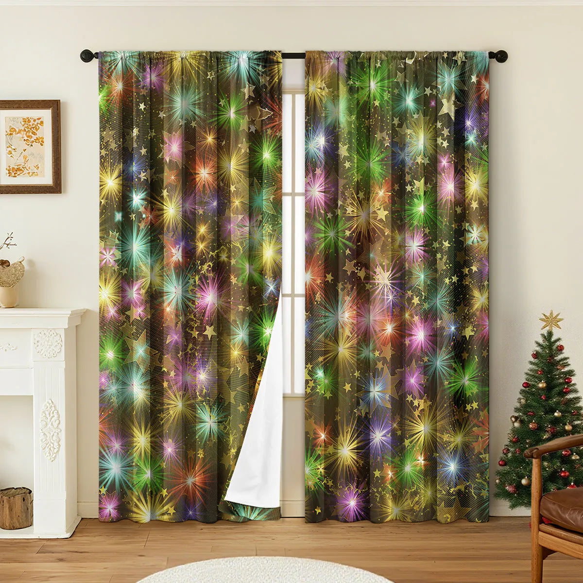 A pair of 3D digitally printed Christmas theme curtains hanging on a window, showcasing one of fifteen available European colour and pattern styles.