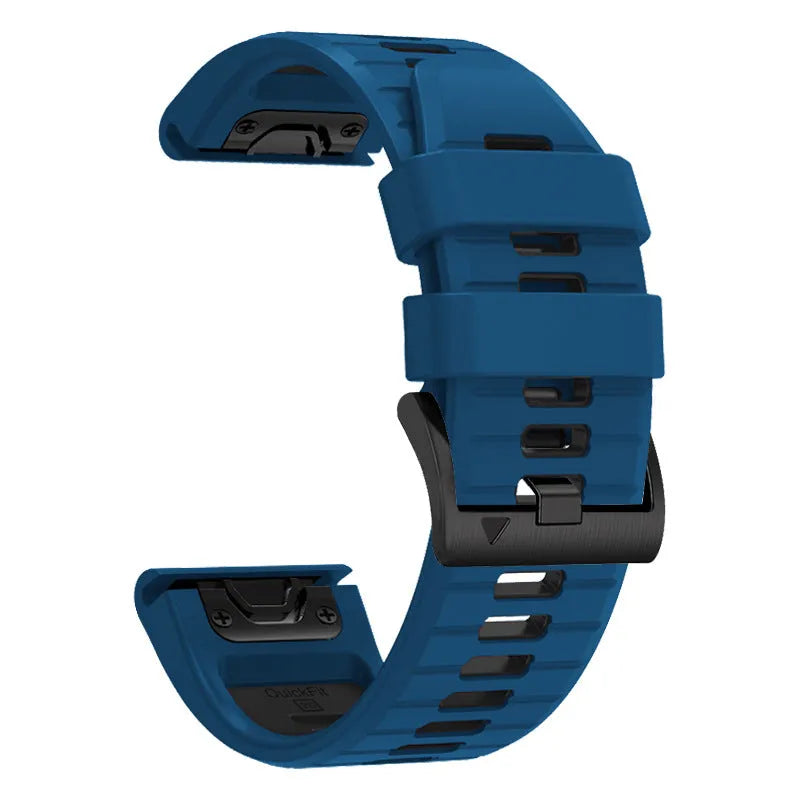 Two-tone quick release silicone watch strap for Garmin Fenix smartwatch on a grey background.