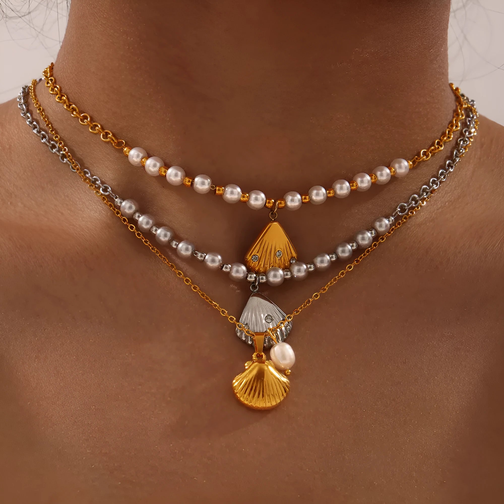 French vintage shell pendant necklace with freshwater pearl bead detail on O-chain