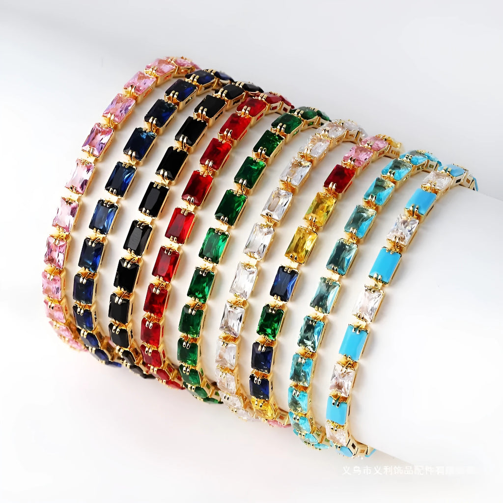Women's zircon bracelet with electroplated finish showing multiple colour stone options set in alloy