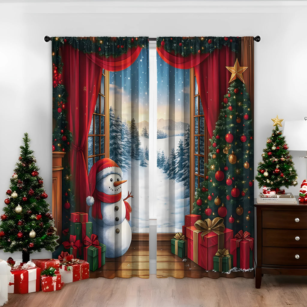 Pair of 3D digitally printed modern Christmas curtains hanging on a window.