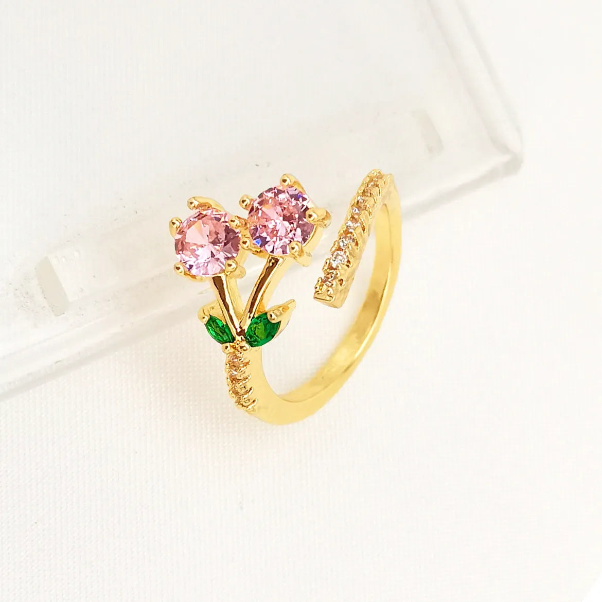 Copper open ring for women with micro inlaid leaf geometric design or solid pink finish.