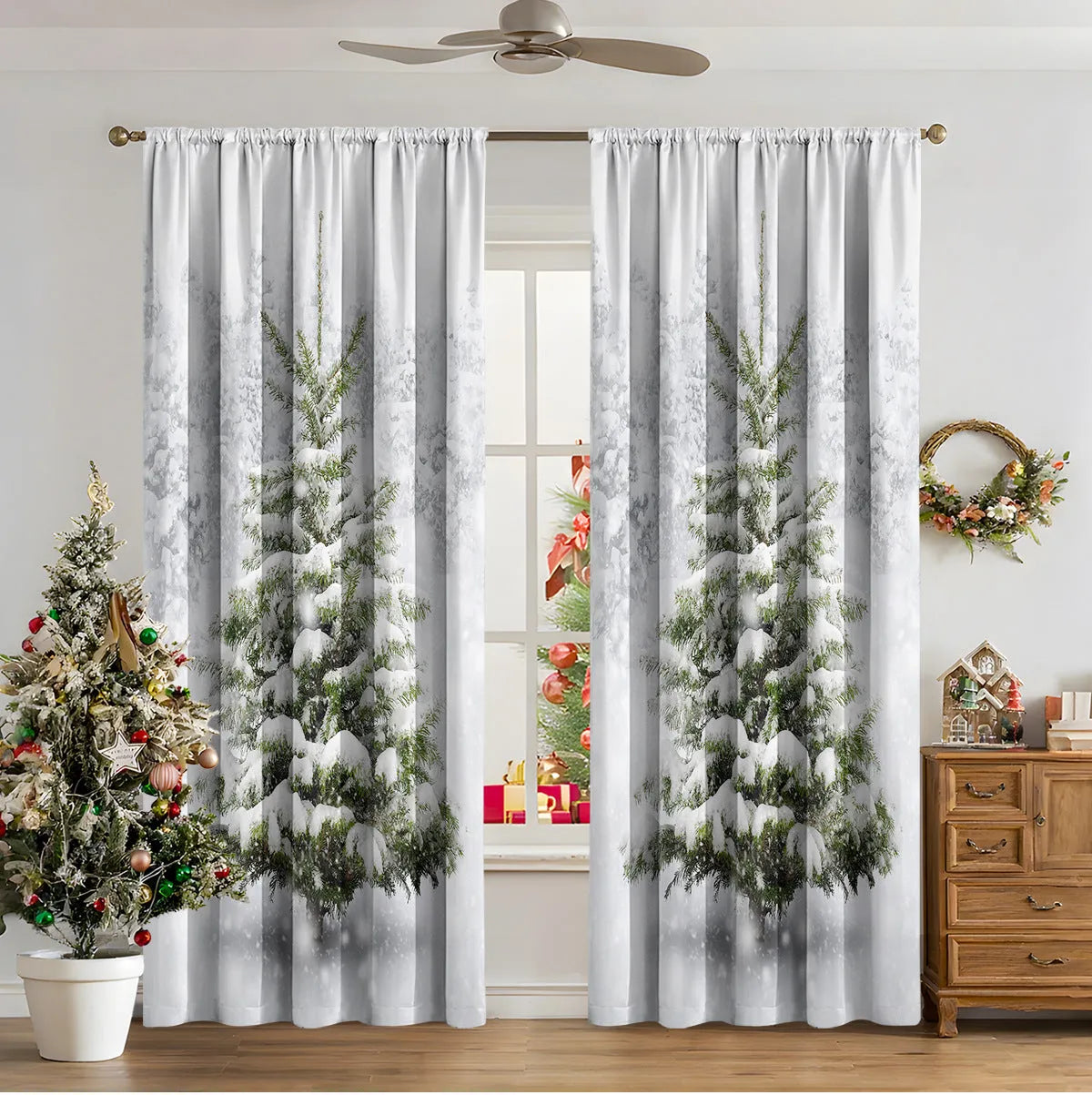 Pair of 3D digitally printed modern Christmas curtains hanging on a window.
