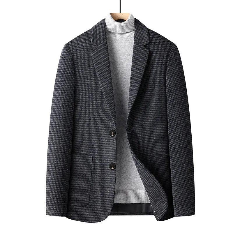 Men's slim fit wool blend jacket in grey, shown with polyester lining and suit-style cut for autumn wear