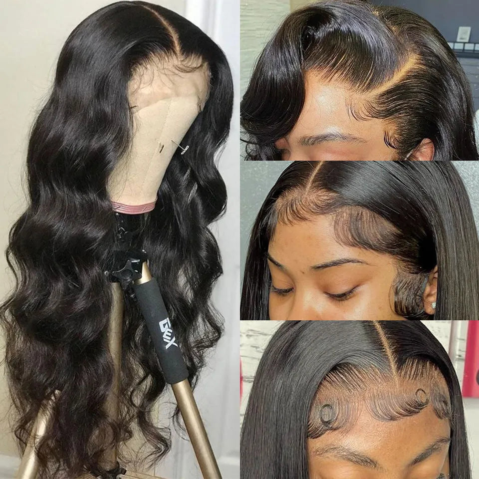Black synthetic front lace wig with long curly hair and side bangs on display