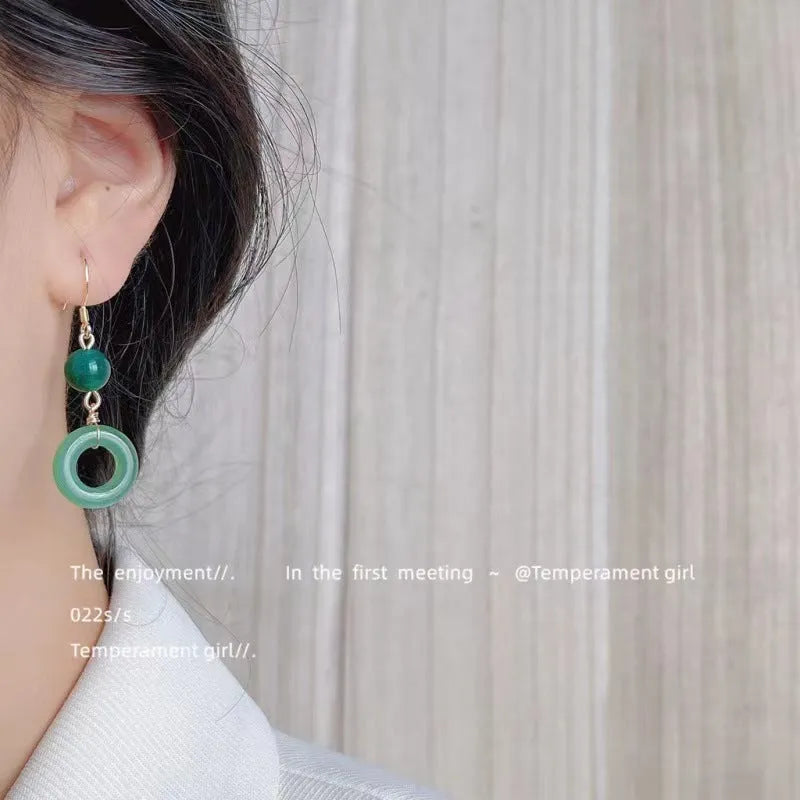 Green jade design geometric peace buckle earrings for Chinese traditional clothing