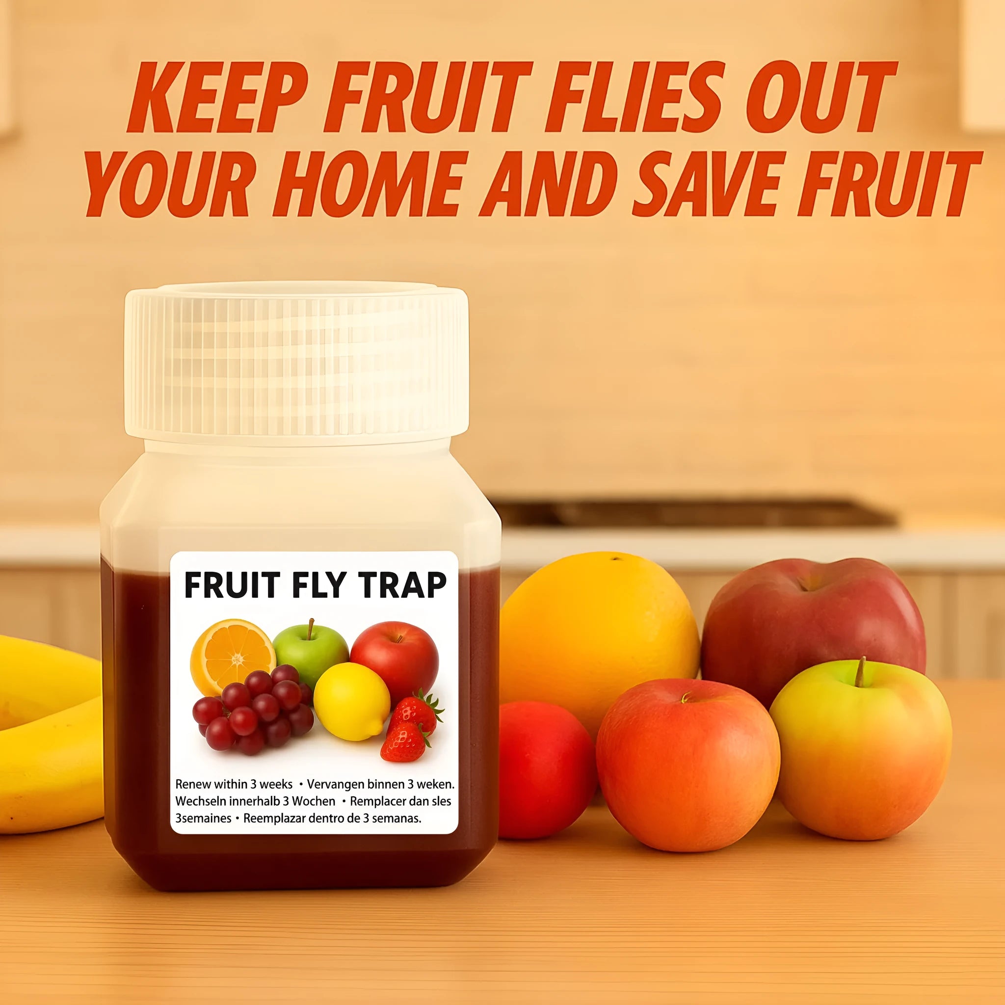 Fruit fly bait liquid bottle with funnel and non-funnel specification options for indoor pest control