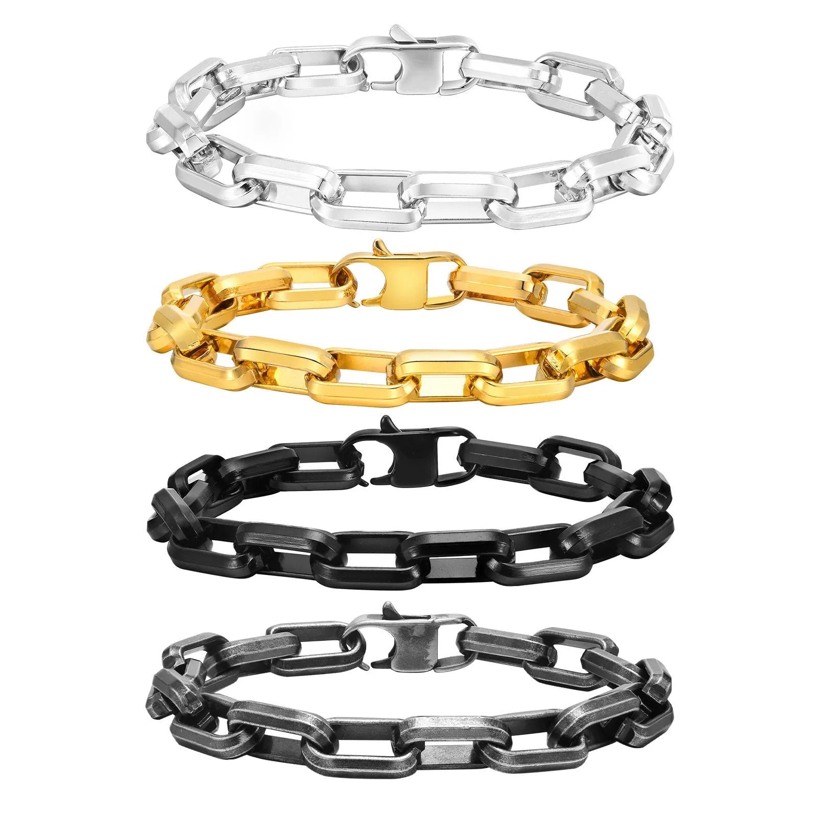 Titanium steel men's bracelet with square chain links in steel, gold, black, or retro finish.