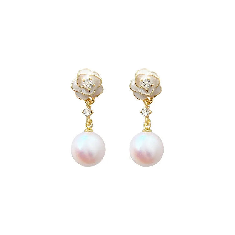 Camellia pearl flower stud earrings with alloy floral design for women
