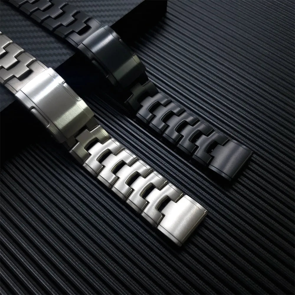 Garmin Jiaming Fenix compatible watch strap in silver, black, and titanium colour for 22mm and 26mm watches.