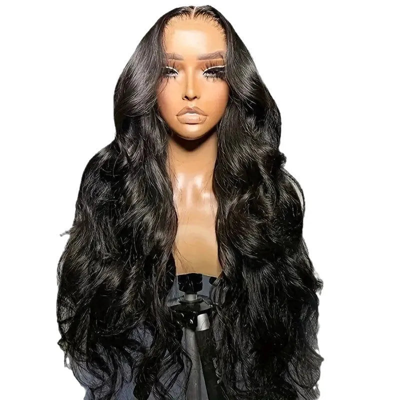 Black lace chemical fibre wig with big wave style showing size options from 16 to 32 inches