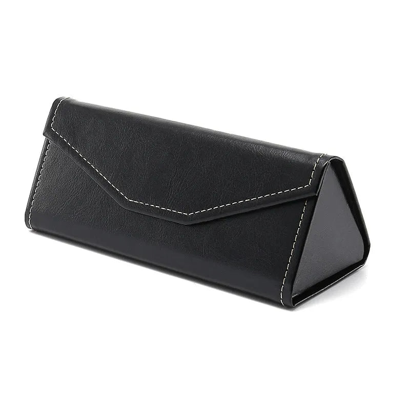 Handmade triangular folding glasses case in PU cowhide, shown in black colour with dimensions 160x66x16mm