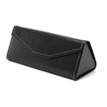 Handmade triangular folding glasses case in PU cowhide, shown in black colour with dimensions 160x66x16mm