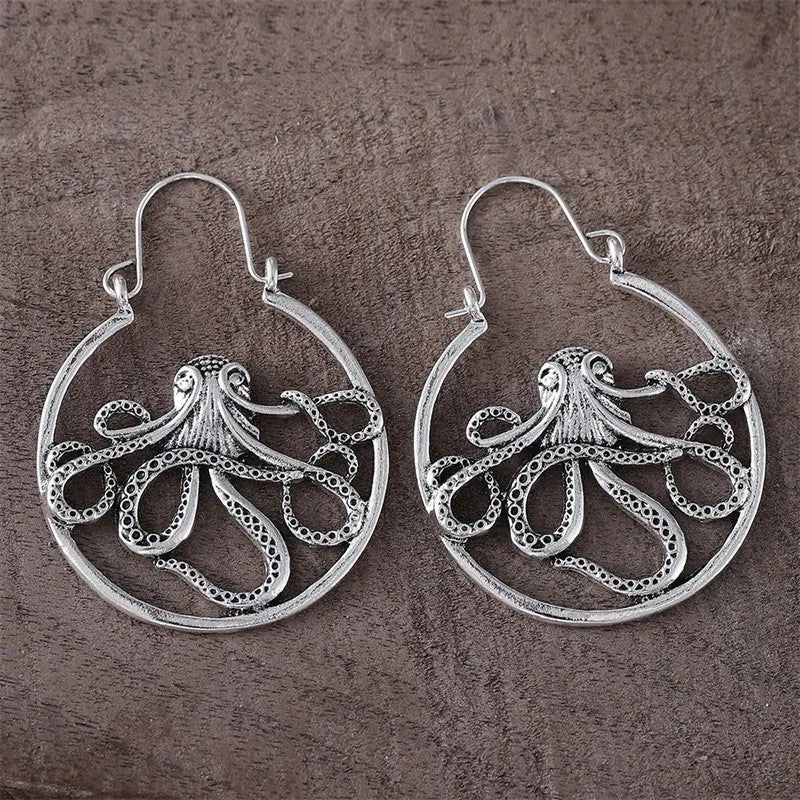 Vintage octopus earrings in antique silver finish, zinc alloy costume jewellery with animal zodiac design