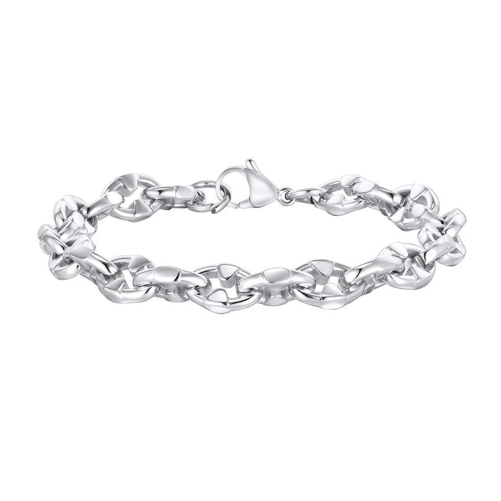 Handmade thick stainless steel chain bracelet with geometric links and a clasp, shown in a steel colour.