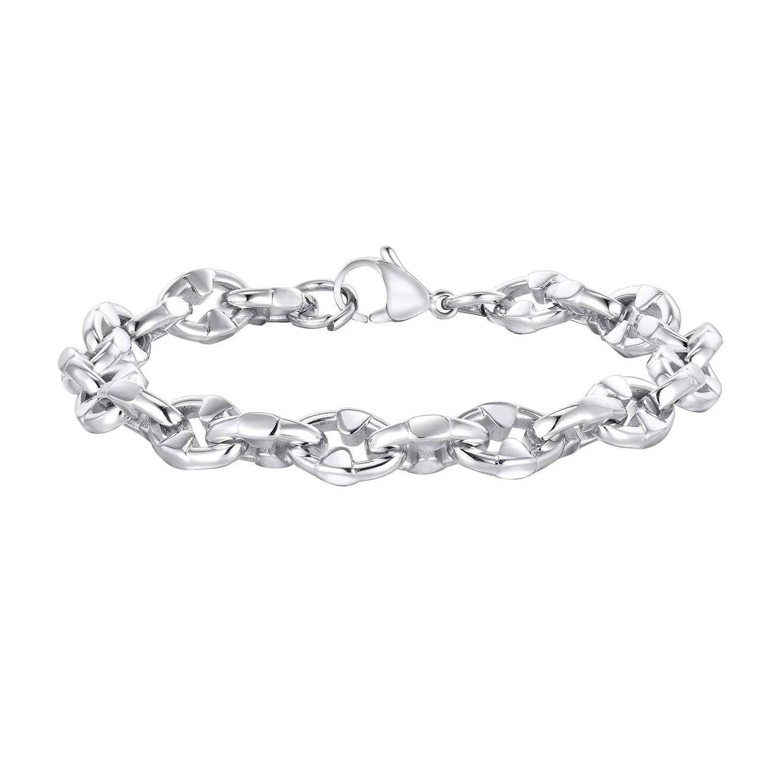 Handmade thick stainless steel chain bracelet with geometric links and a clasp, shown in a steel colour.