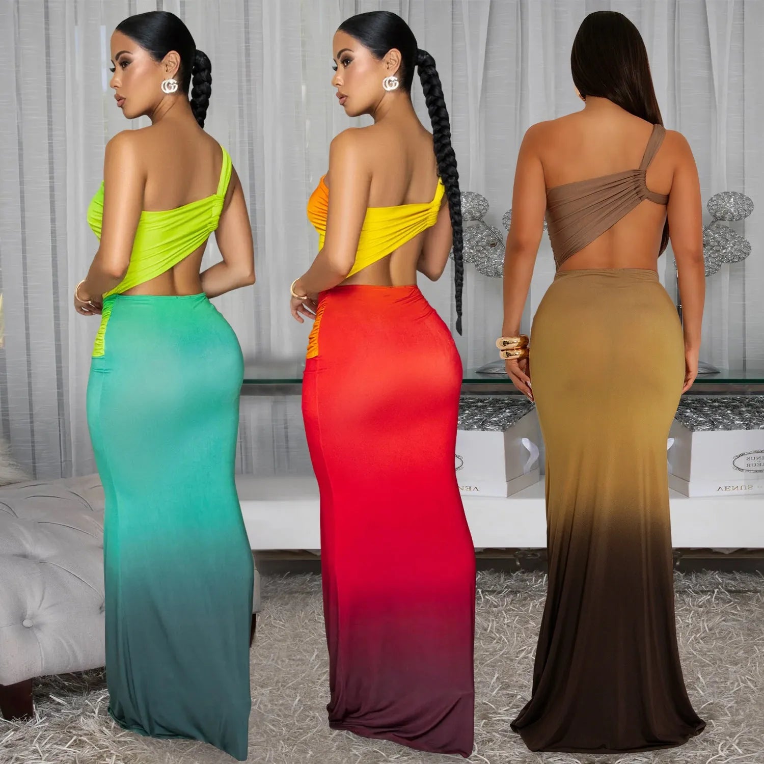 Women's gradient colour cross-shoulder long summer dress on a model, showing the oblique shoulder and one-step skirt design.