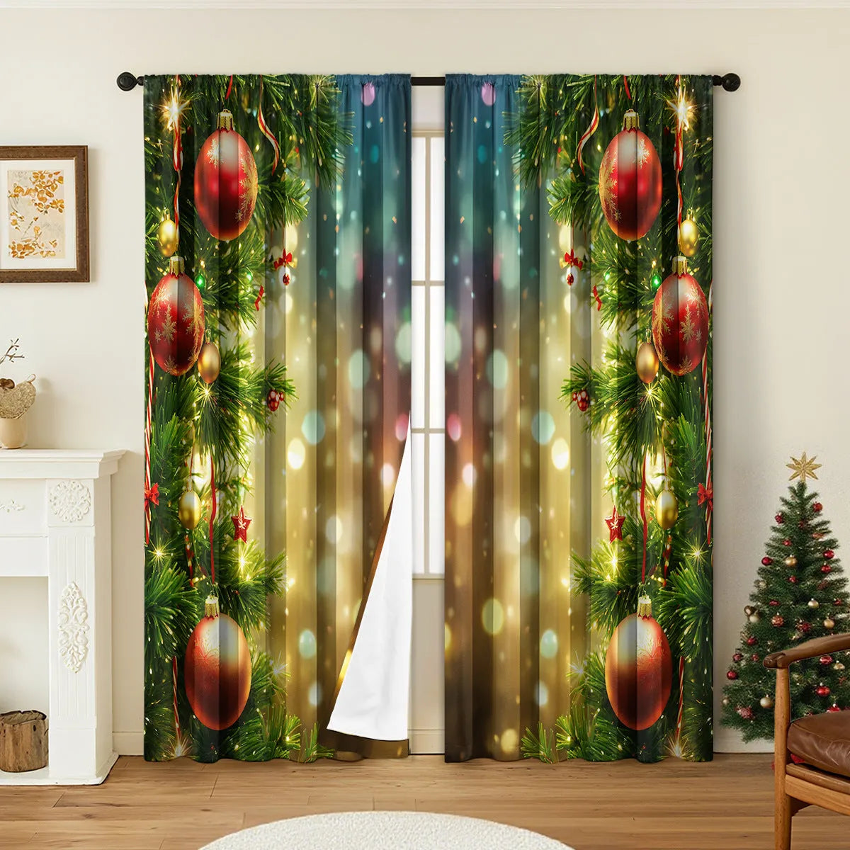 A pair of 3D digitally printed Christmas theme curtains hanging on a window, showcasing one of fifteen available European colour and pattern styles.