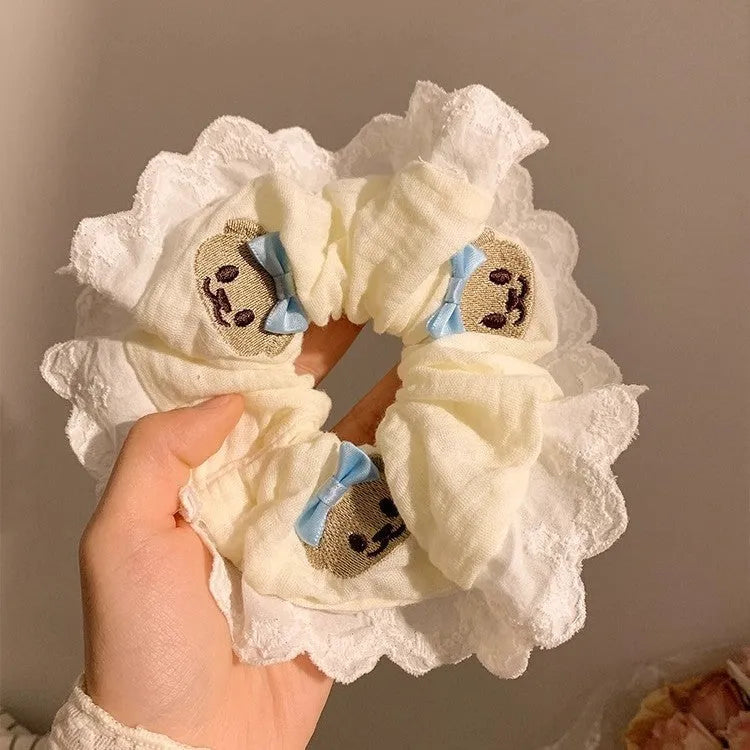 Bear blue bow lace large intestine hair ring elastic headband on white background