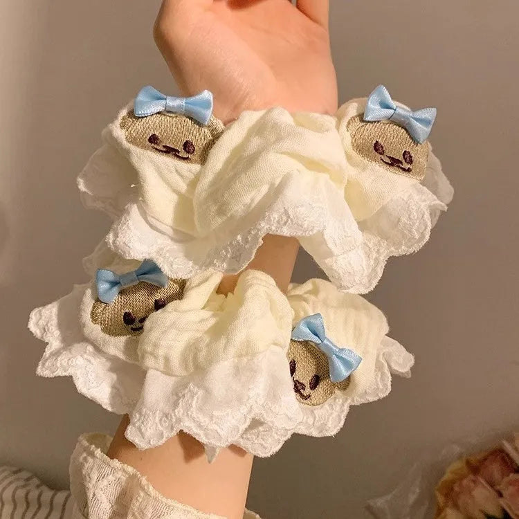 Bear blue bow lace large intestine hair ring elastic headband on white background