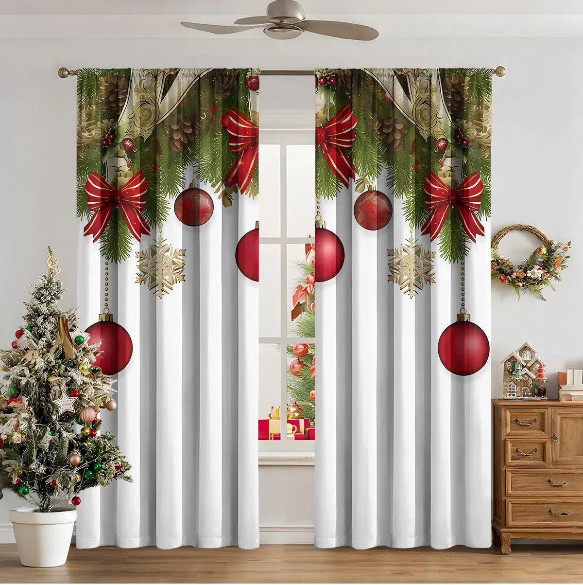 Pair of 3D digitally printed modern Christmas curtains hanging on a window.