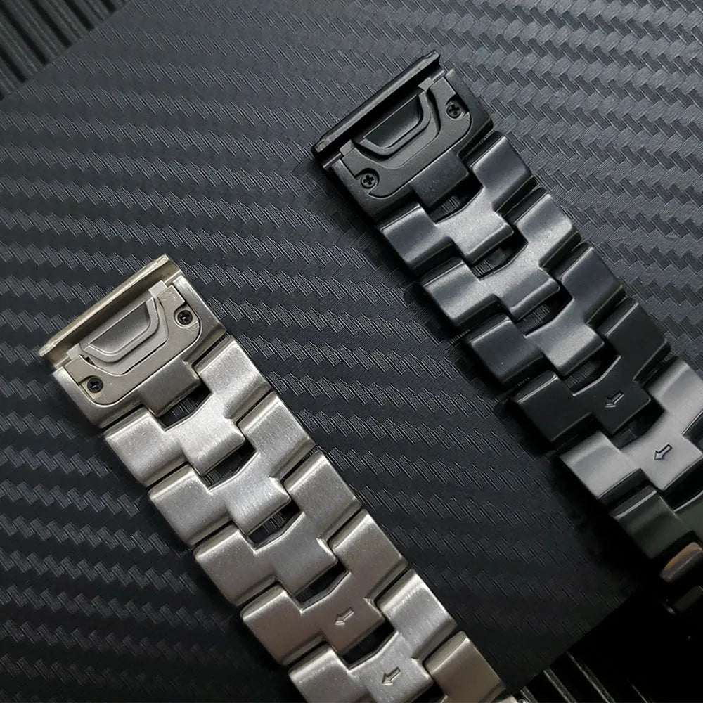 Garmin Jiaming Fenix compatible watch strap in silver, black, and titanium colour for 22mm and 26mm watches.