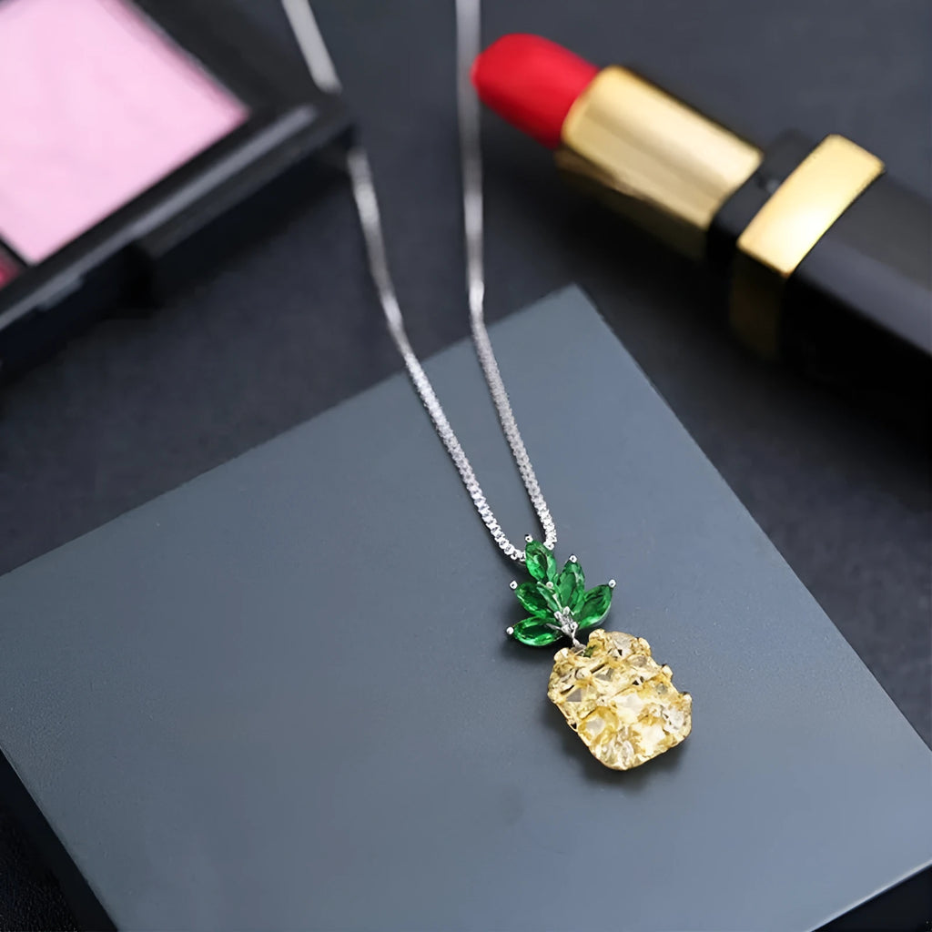 Silver plated geometric pineapple diamond necklace for women with copper white gold plating.