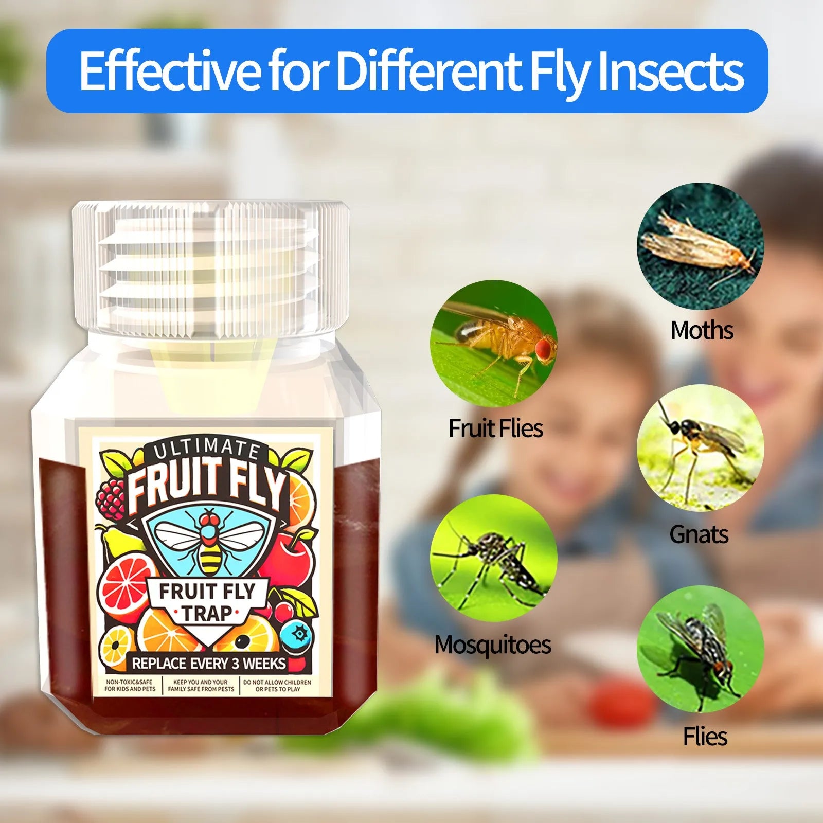 Fruit fly bait liquid bottle with funnel and non-funnel specification options for indoor pest control