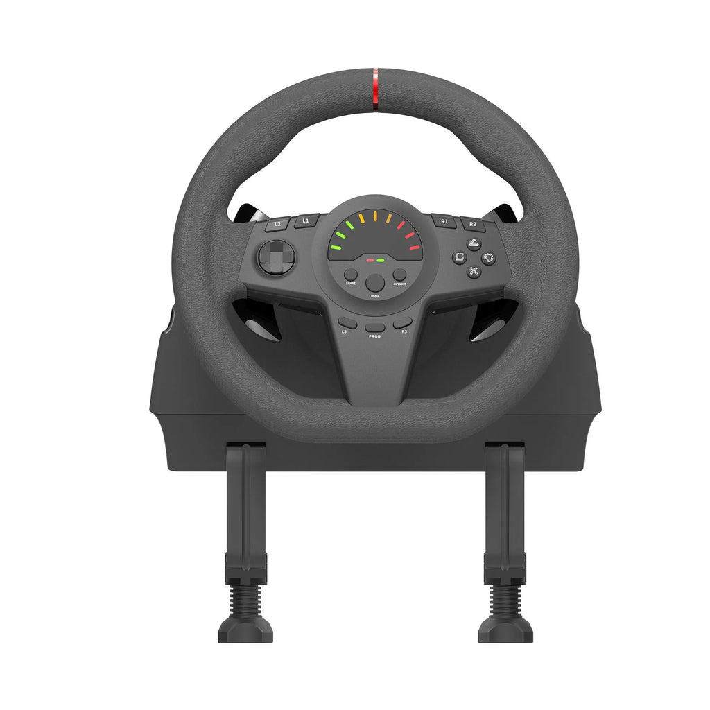 Black USB steering wheel controller with two pedals and desk mounting bracket for PC and console gaming