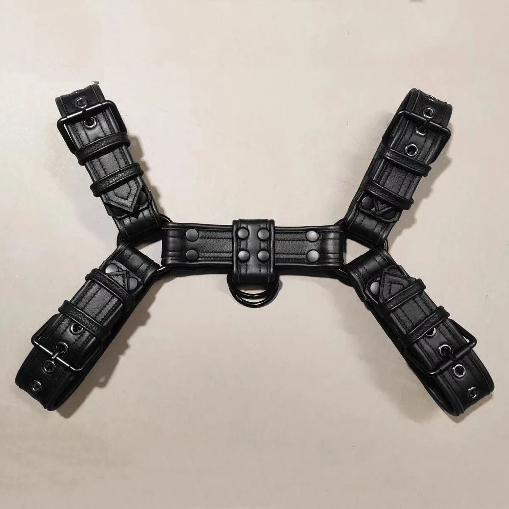 Black leather chest strap with metal buckle bondage design for adult men