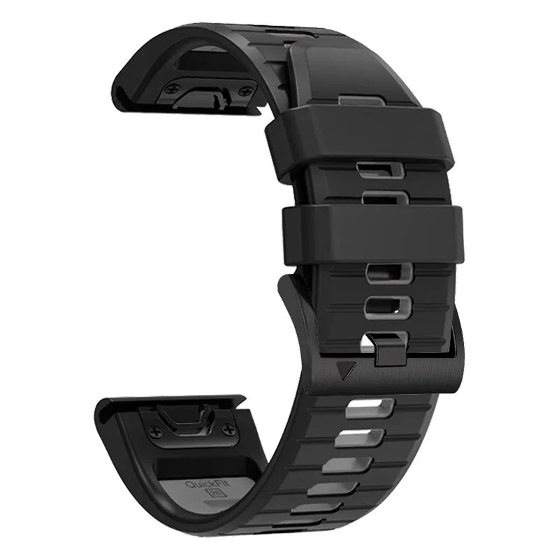 Two-tone quick release silicone watch strap for Garmin Fenix smartwatch on a grey background.