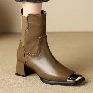 Brown women's cowhide leather Martin ankle boots with a high heel and side zipper.