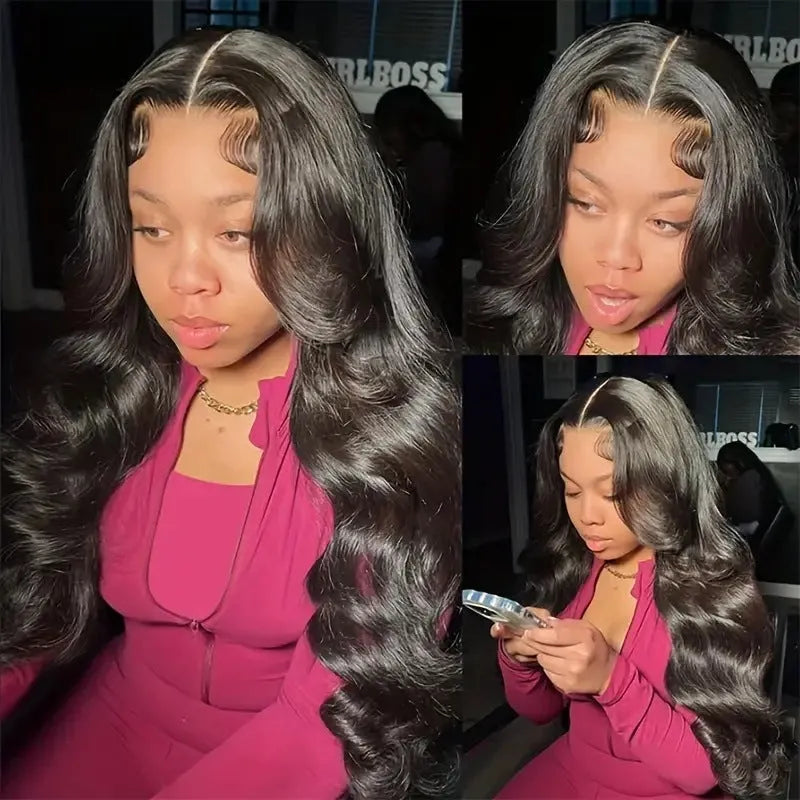 Black lace chemical fibre wig with big wave style showing size options from 16 to 32 inches