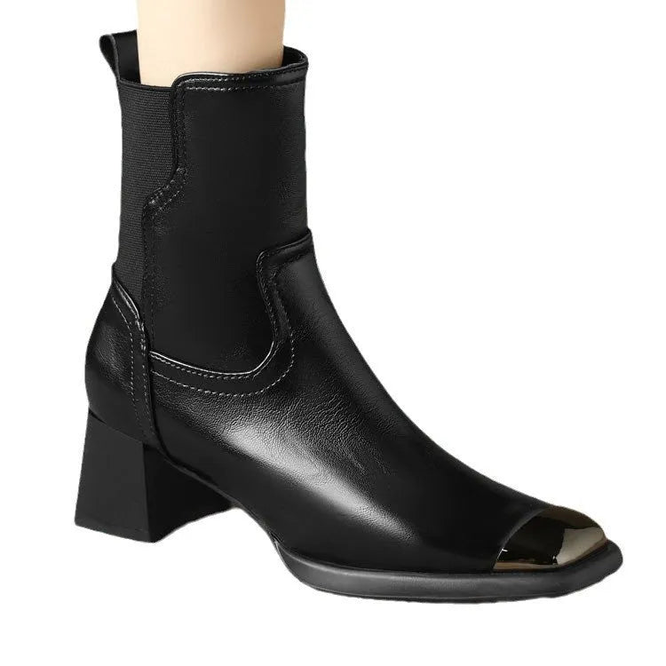 Brown women's cowhide leather Martin ankle boots with a high heel and side zipper.
