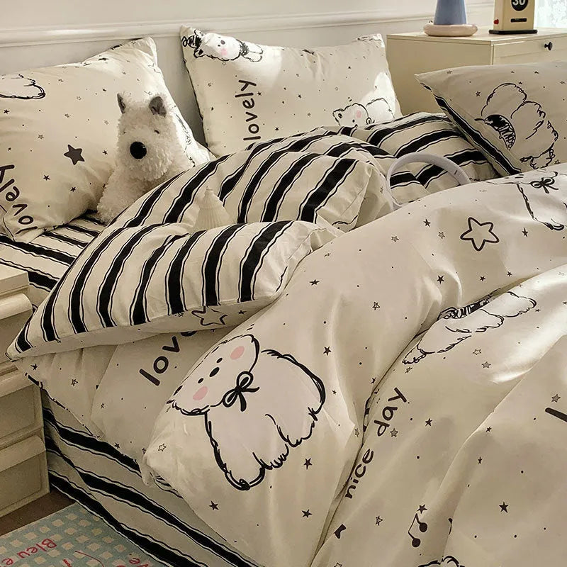 Cartoon dog pattern four-piece cotton bedding set showing multiple bed size options
