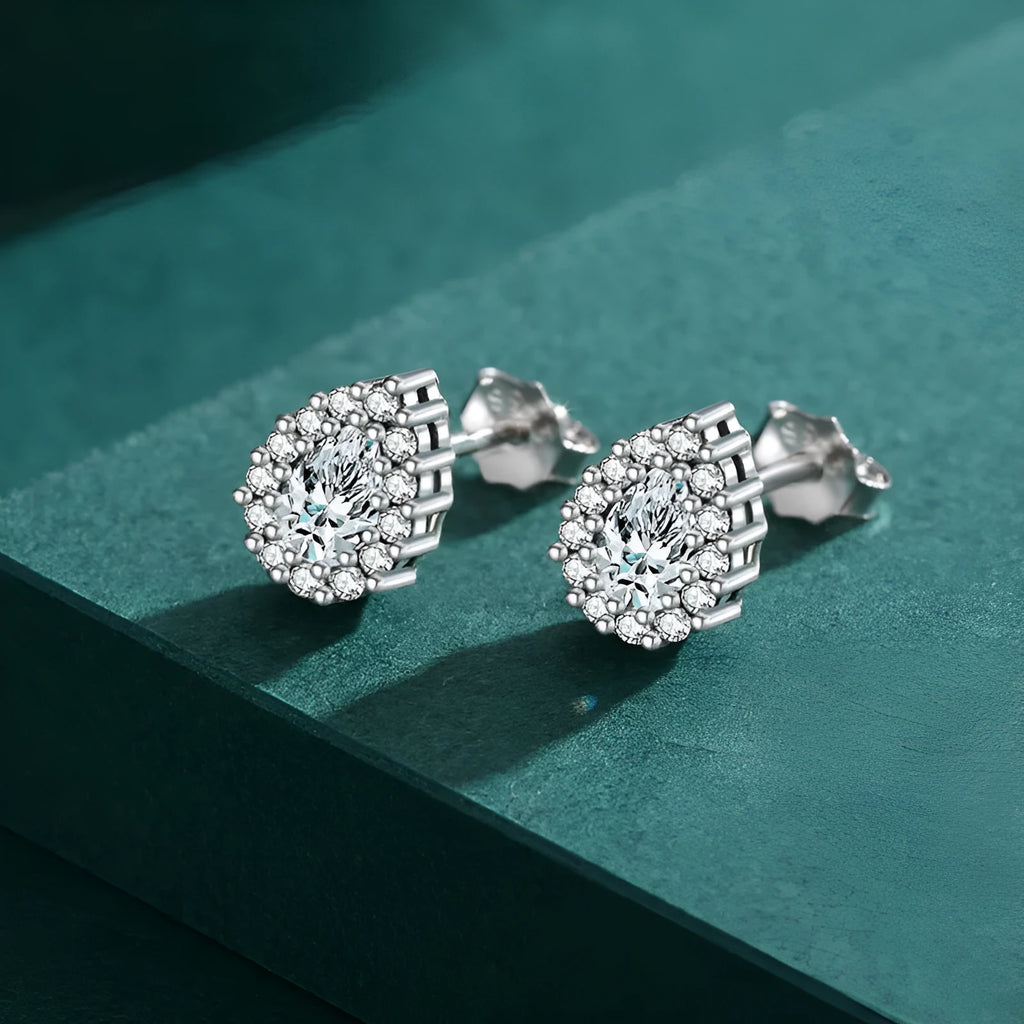 Women's 925 sterling silver water drop shape ear studs with diamond treatment