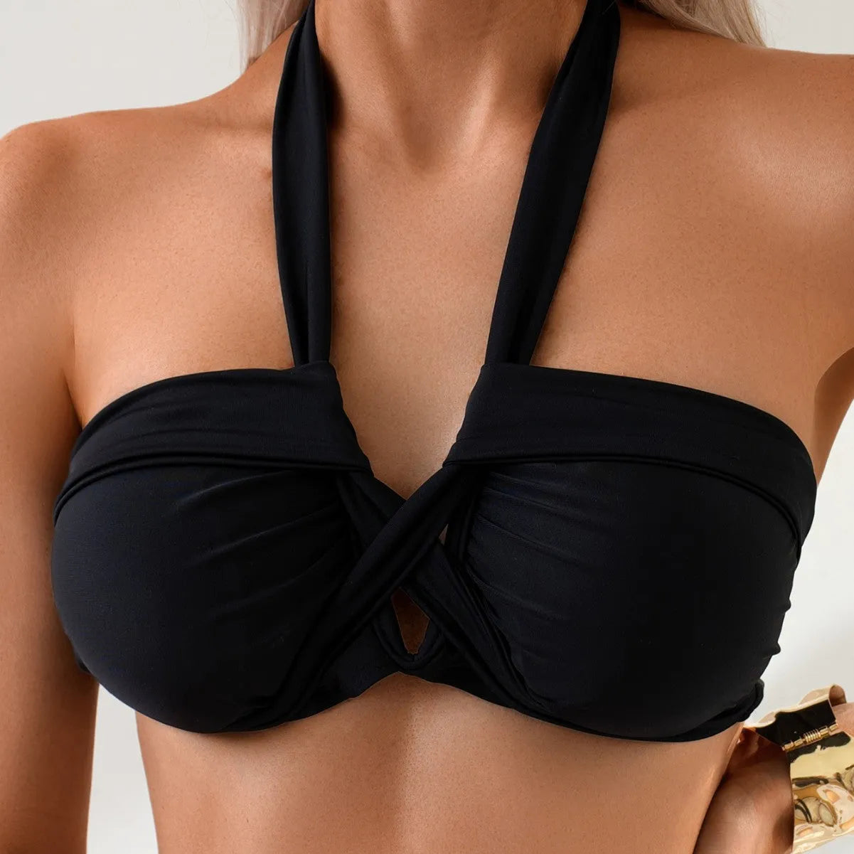 Black backless bikini swimsuit with solid colour design for swimming sports