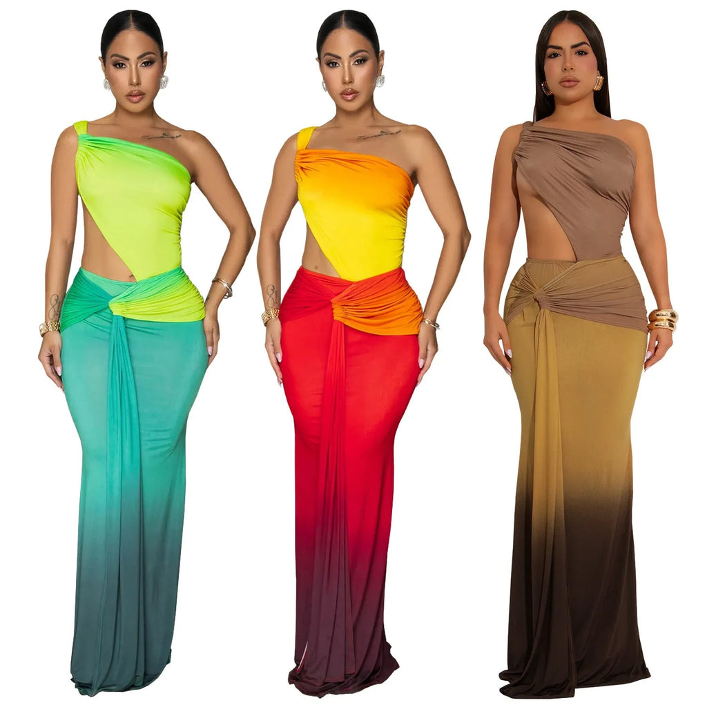 Women's gradient colour cross-shoulder long summer dress on a model, showing the oblique shoulder and one-step skirt design.