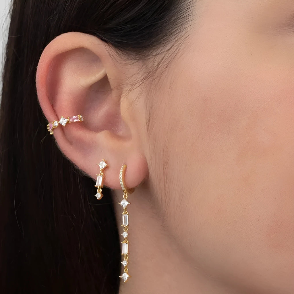 Sterling silver geometric U-shaped tassel earrings with micro-inlaid colourful zircon stones in clip-on design