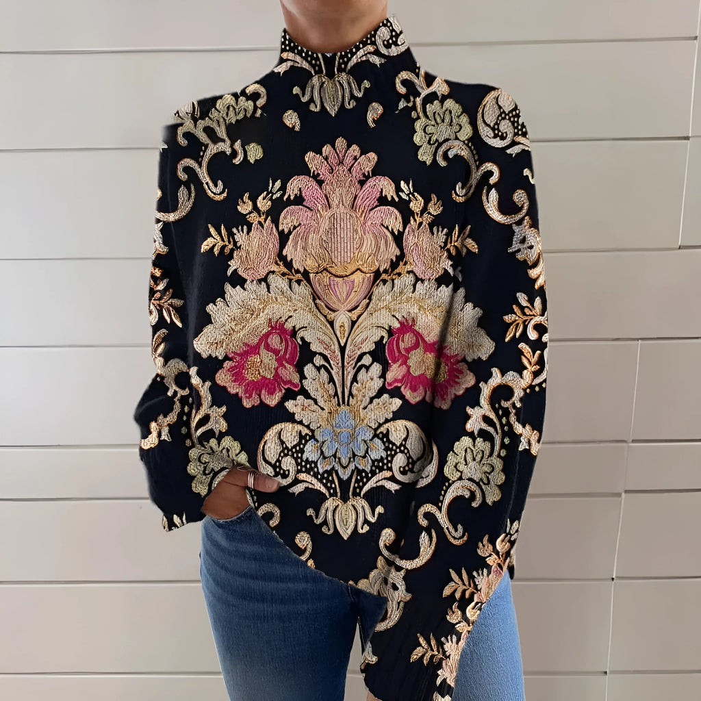 Women's black 3D pattern printed turtleneck sweater with loose Japanese Korean casual styling