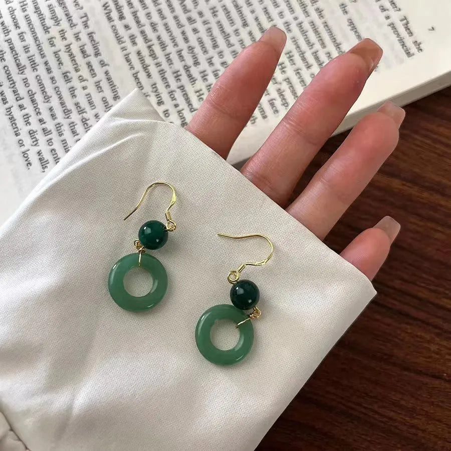 Green jade design geometric peace buckle earrings for Chinese traditional clothing