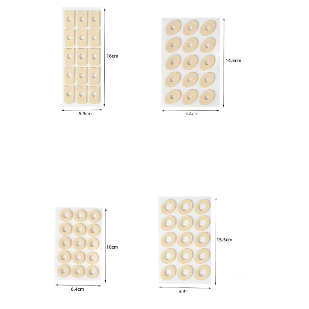 Women's protective toe pads set showing circular, oval and U-shaped designs in PU material for foot comfort