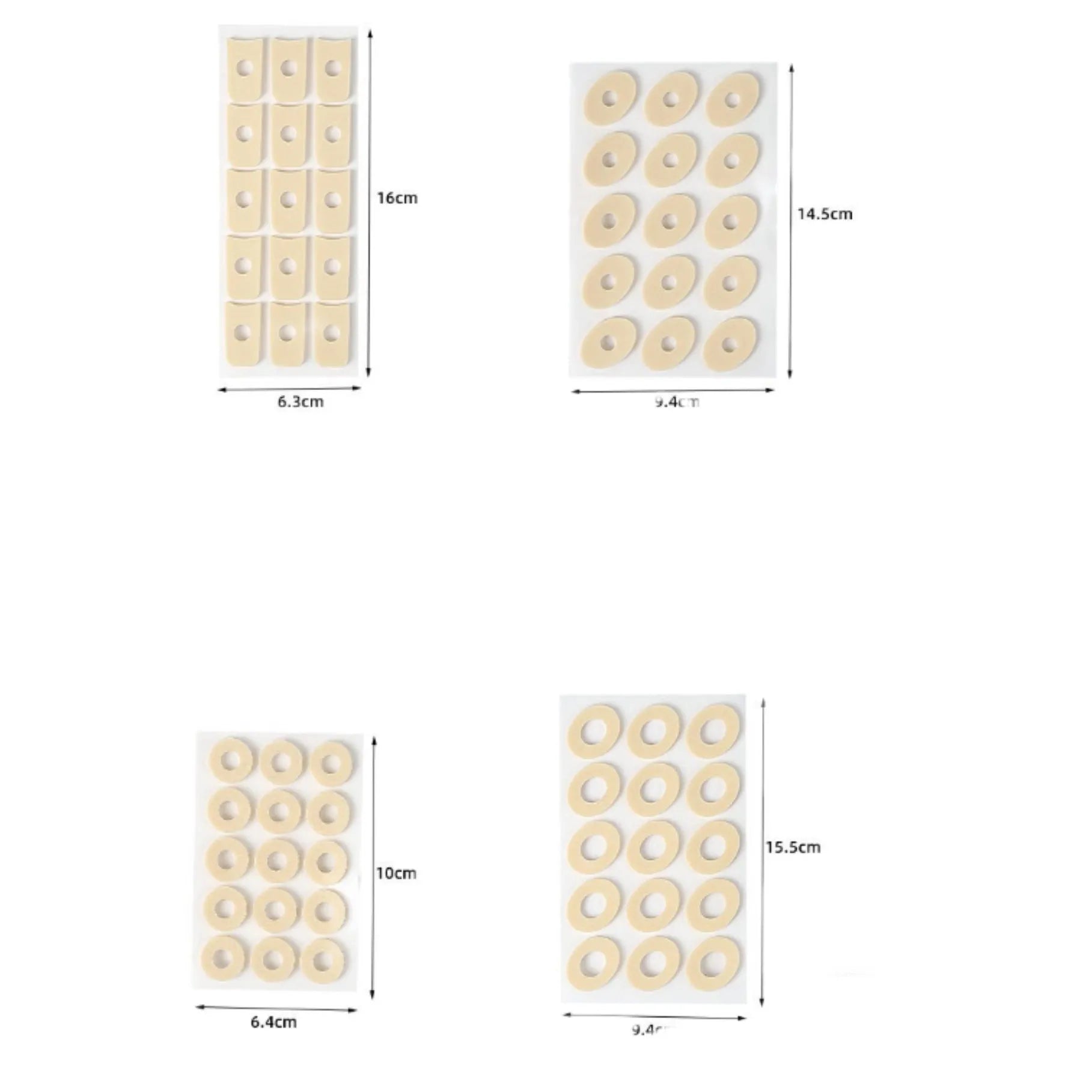 Women's protective toe pads set showing circular, oval and U-shaped designs in PU material for foot comfort
